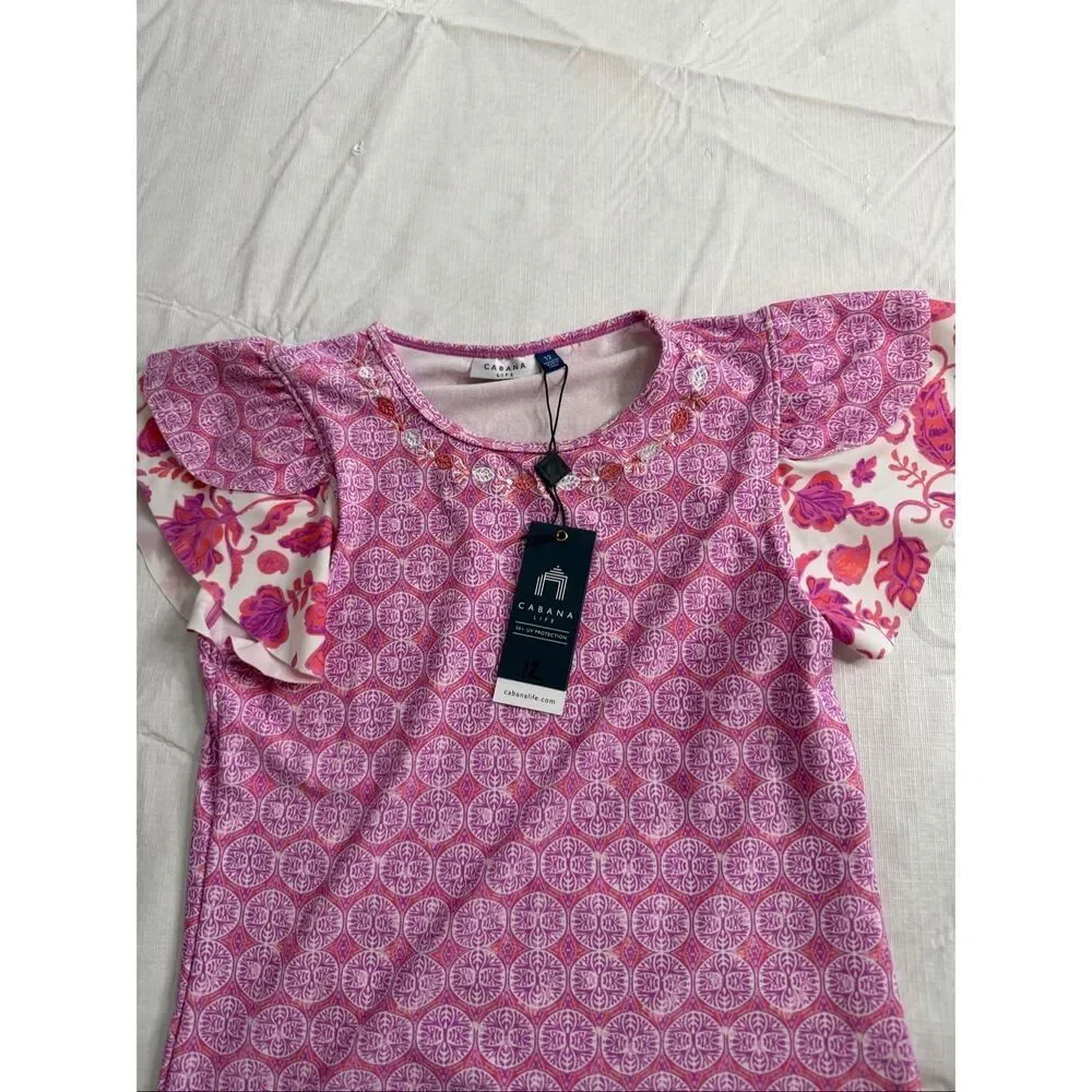 NWT Cabana Life Pink Amelia Island Ruffle Rash Guard Top Girls Size 12 New